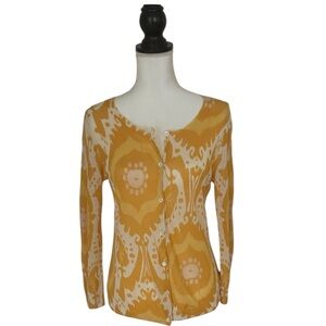 J.Crew Linen Silk Blend Cardigan Yellow Batik Print Lightweight 3/4 Sleeve Small